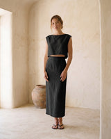 Black linen set, view 2 – Moriel Heritage