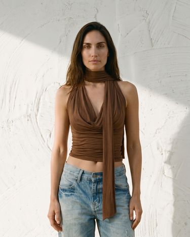 Brown crew-neck top, view 3 – Moriel Heritage