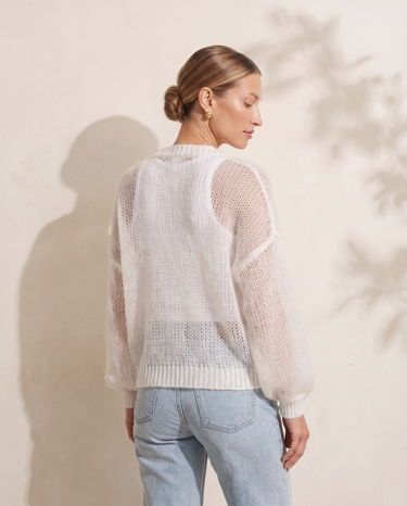 Marisol Knit Cardigan in White, back view of the open knit cardigan