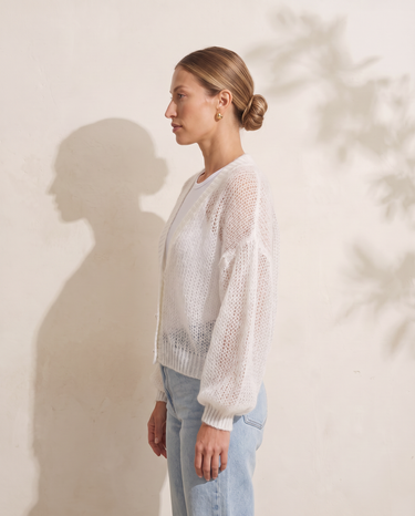 Marisol Knit Cardigan in White, side profile showing the sheer open knit drape