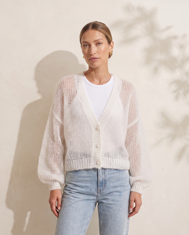 Marisol Knit Cardigan in White, full front view with light-wash jeans