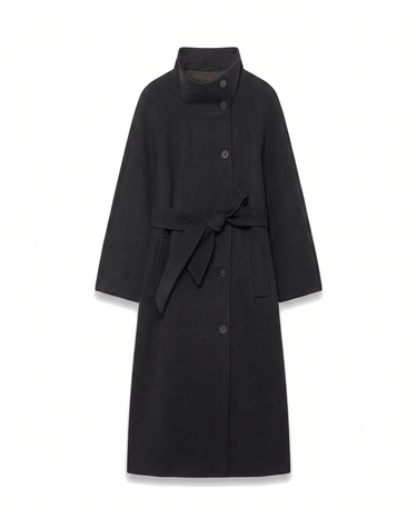 Henrietta Coat in Black, long belted funnel-collar coat