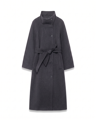 Henrietta Coat in Dark Gray, long belted funnel-collar coat
