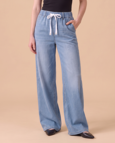 Isla Stretch Denim Jeans, front view of the wide leg