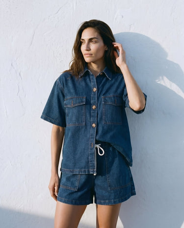 Dark Wash denim wide-fit set on model, front view – Moriel Heritage