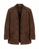 Isla Faux Suede Jacket in dark brown, flat lay front view with notch lapels, three-button front and flap pockets