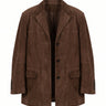Isla Faux Suede Jacket in dark brown, flat lay front view with notch lapels, three-button front and flap pockets