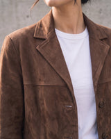 Close-up of the Isla Faux Suede Jacket's notch lapel and soft suede-look texture in dark brown