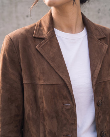 Close-up of the Isla Faux Suede Jacket's notch lapel and soft suede-look texture in dark brown