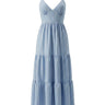 Isla Striped Summer Maxi Dress in blue stripe — V-neck spaghetti-strap tiered maxi dress, product flat-lay