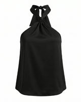 Isola Halter Neck in black — halter top with a knotted neck tie and open back, flat-lay