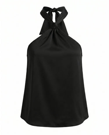 Isola Halter Neck in black — halter top with a knotted neck tie and open back, flat-lay