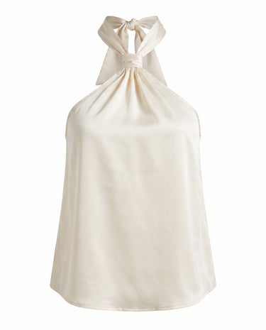 Isola Halter Neck in white — halter top with a knotted neck tie and open back, flat-lay