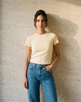 Yellow cotton crew-neck t-shirt styled on model with jeans – Moriel Heritage