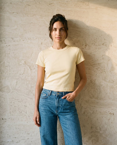 Yellow cotton crew-neck t-shirt styled on model with jeans – Moriel Heritage