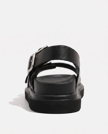 Black buckled strap sandals, side profile – Moriel Heritage