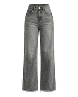 Langley Wide Leg Jeans in gray, flat-lay of the high-rise acid-wash denim jeans with wide straight leg and raw frayed hem