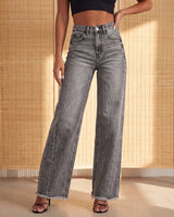 Front view of the gray Langley Wide Leg Jeans showing the full length of the wide leg and the marbled acid-wash finish
