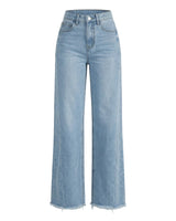 Langley Wide Leg Jeans in light blue, flat-lay of the high-rise denim jeans with wide straight leg and raw frayed hem