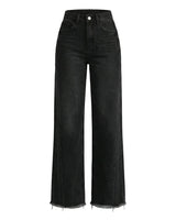 Langley Wide Leg Jeans in black, flat-lay of the high-rise denim jeans with wide straight leg and raw frayed hem