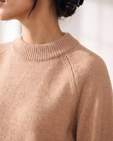 The Lauria wool blend knit sweater in camel — close-up of the crew neckline and shoulder