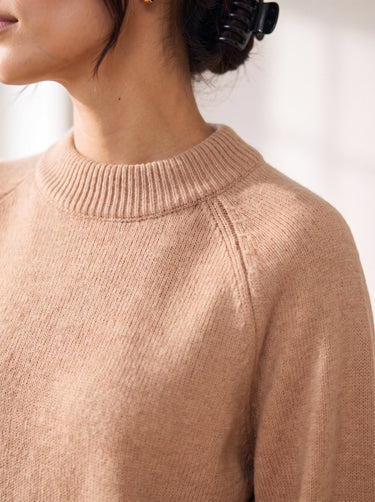 The Lauria wool blend knit sweater in camel — close-up of the crew neckline and shoulder