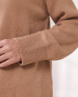 The Lauria wool blend knit sweater in camel — close-up of the ribbed cuff