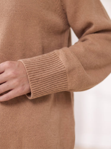 The Lauria wool blend knit sweater in camel — close-up of the ribbed cuff