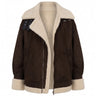 Leni Suede Vintage Coat in dark brown, flat lay front view of the suede-look aviator jacket with cream faux shearling collar and asymmetric zip