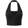 Black halter-neck crop cami with a deep V front and open back, flat lay on white – Moriel Heritage