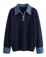 Leonie Denim Knit in navy — soft knit polo sweater with denim-look collar and turn-back cuffs, flat lay