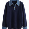 Leonie Denim Knit in navy — soft knit polo sweater with denim-look collar and turn-back cuffs, flat lay