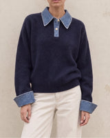 Leonie Denim Knit in navy — knit polo with denim-look collar and button placket, front view on model