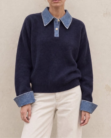 Leonie Denim Knit in navy — knit polo with denim-look collar and button placket, front view on model