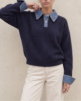 Leonie Denim Knit in navy — three-quarter view on model with denim-look collar and cuffs