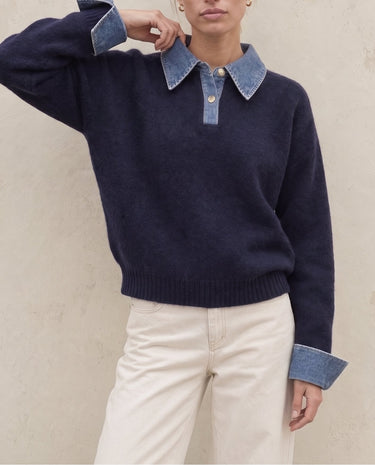 Leonie Denim Knit in navy — three-quarter view on model with denim-look collar and cuffs