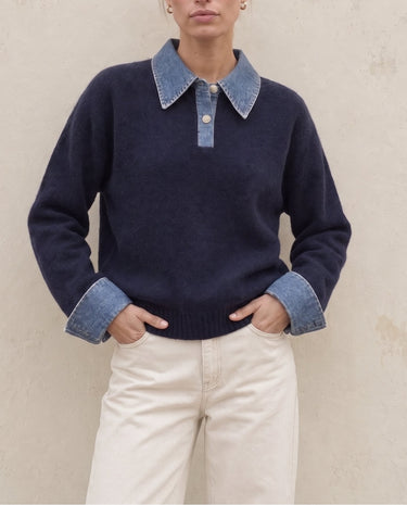 Leonie Denim Knit in navy with cream trousers — relaxed knit polo, front view on model