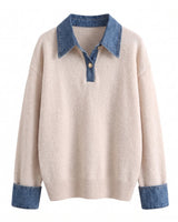 Leonie Denim Knit in cream — soft knit polo sweater with denim-look collar and cuffs, flat lay