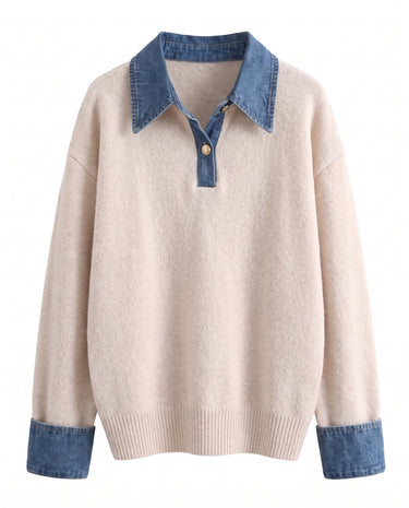 Leonie Denim Knit in cream — soft knit polo sweater with denim-look collar and cuffs, flat lay