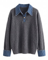 Leonie Denim Knit in grey — soft knit polo sweater with denim-look collar and cuffs, flat lay