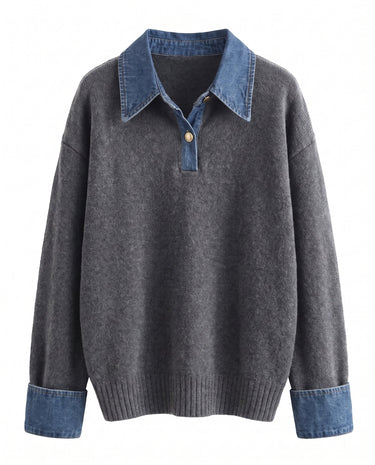 Leonie Denim Knit in grey — soft knit polo sweater with denim-look collar and cuffs, flat lay