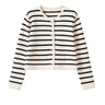 The Lilah cotton stripe cardigan in black stripes — round-neck button-front striped cardigan, product flat-lay