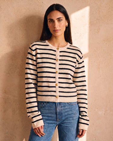 The Lilah cotton stripe cardigan in black stripes — front view on model