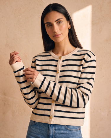 The Lilah cotton stripe cardigan in black stripes — front three-quarter view on model
