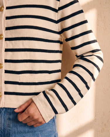 The Lilah cotton stripe cardigan in black stripes — close-up of the striped sleeve