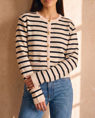 The Lilah cotton stripe cardigan in black stripes — front view on model