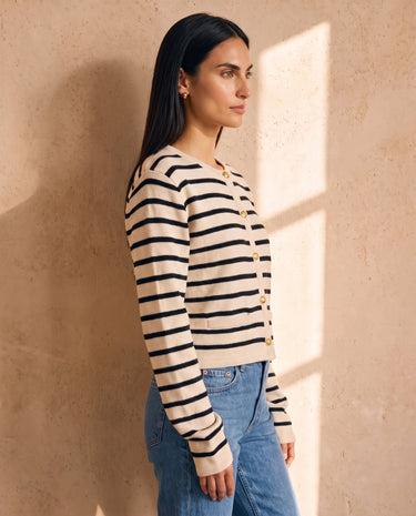 The Lilah cotton stripe cardigan in black stripes — side view on model