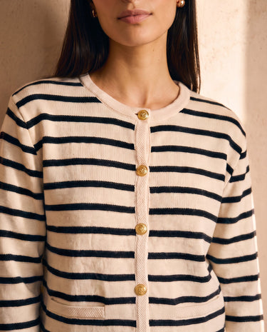 The Lilah cotton stripe cardigan in black stripes — close-up of the round neck and buttons