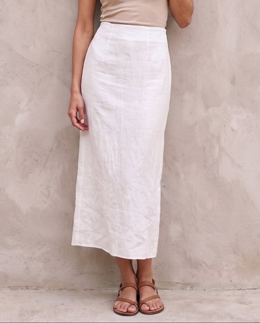 White midi skirt on model with knit tank, front view – Moriel Heritage