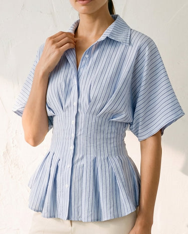 Blue striped Lori top on model, front view – Moriel Heritage